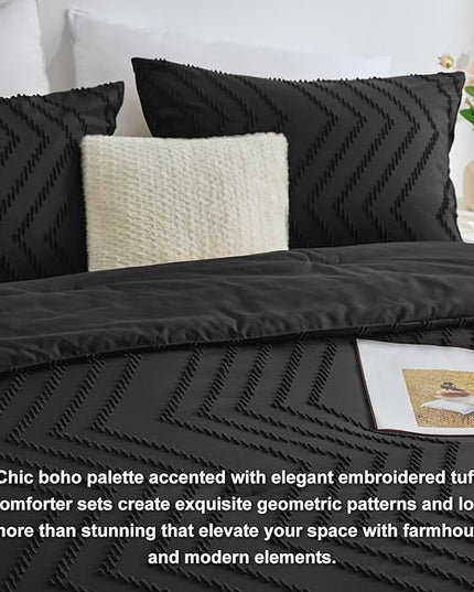 CozyLux Queen Comforter Set Black - 3 Pieces Black Boho Tufted Shabby Chic Bedding Comforter Set for All Seasons, Chevron Bedding Sets with Comforter & 2 Pillow Shams - LeafyLoom