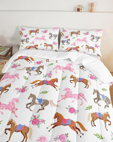 HOSIMA Kawaii Pink Rose Horse Twin Comforter Princess Toddler Bedding Set,Cute Animal Horse Bedding Girls Teens Aesthetic Room Decor,Cowboy Cowgirl Colorful Pony Twin Bed in a Bag. - LeafyLoom