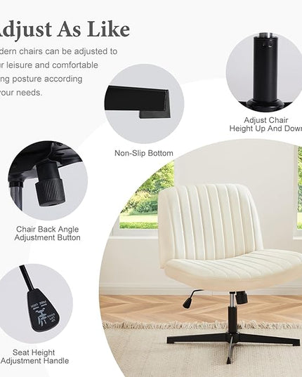 Sweetcrispy Criss Cross Chair Legged, Armless Office Desk Chair No Wheels, Swivel Vanity Chair, Height Adjustable Wide Seat Computer Task Chair, Fabric Vanity Modern Home Chair Cream - LeafyLoom
