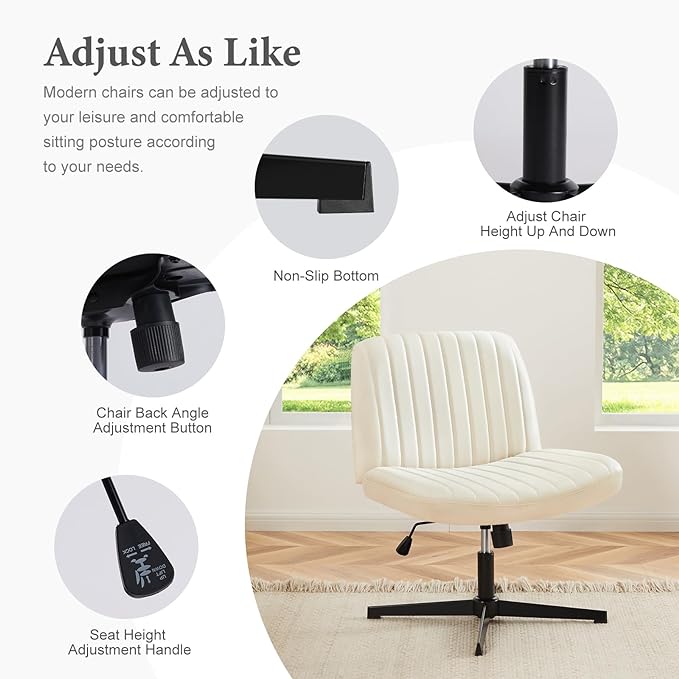 Sweetcrispy Criss Cross Chair Legged, Armless Office Desk Chair No Wheels, Swivel Vanity Chair, Height Adjustable Wide Seat Computer Task Chair, Fabric Vanity Modern Home Chair Cream - LeafyLoom