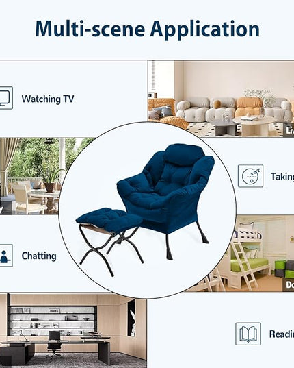 Lazy Chair with Folding Ottoman, Accent Chair Velvet Upholstered with Metal Structure and Non-Slip Pads, Sofa Armchair with Footrest and Side Storage Bag for Dorm, Room, Office, Blue - LeafyLoom