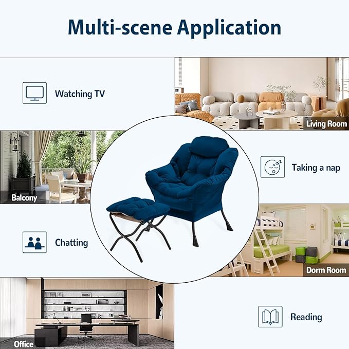 Lazy Chair with Folding Ottoman, Accent Chair Velvet Upholstered with Metal Structure and Non-Slip Pads, Sofa Armchair with Footrest and Side Storage Bag for Dorm, Room, Office, Blue - LeafyLoom