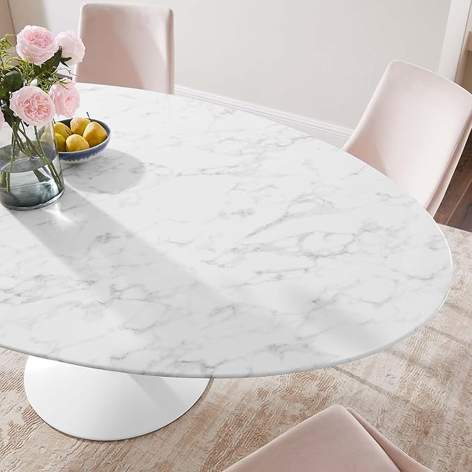Modway Lippa 78" Oval-Shaped Mid-Century Modern Dining Table with Artificial Marble Top and White Base - LeafyLoom