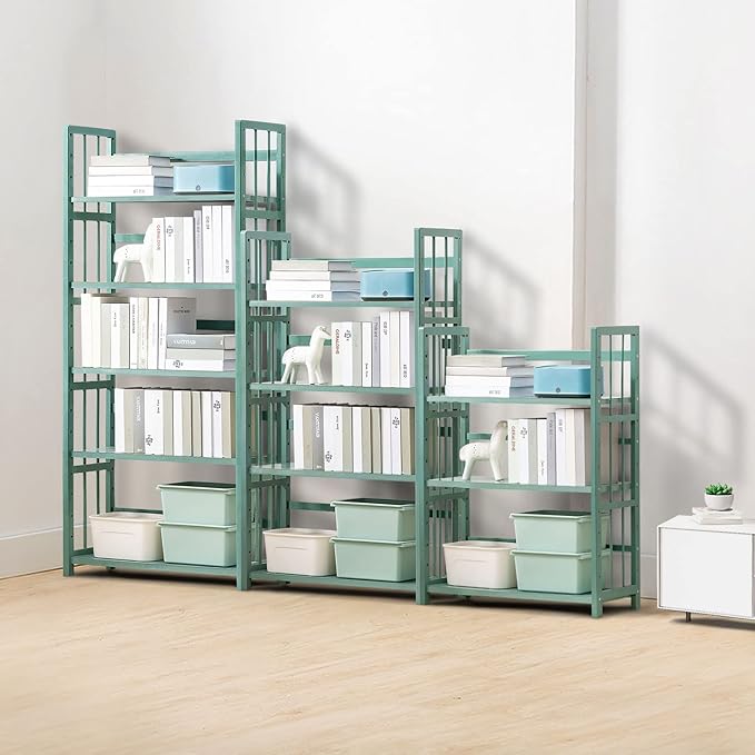 IOTXY Adjustable Bamboo Open Bookshelf - Medium 4-Tier Free Standing Storage Rack, Multifunctional Display Stand for Home and Office, Bookcase, Light Green - LeafyLoom