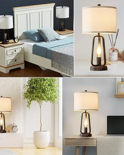 Luvkczc Modern Farmhouse Table Lamp Set of 2, Table Lamps with USB Port, 3-Way Dimmable Bedside Touch Lamp with Rotary Switch, Rustic Industrial Lamps for Bedroom Living Room, Bulbs Included - LeafyLoom