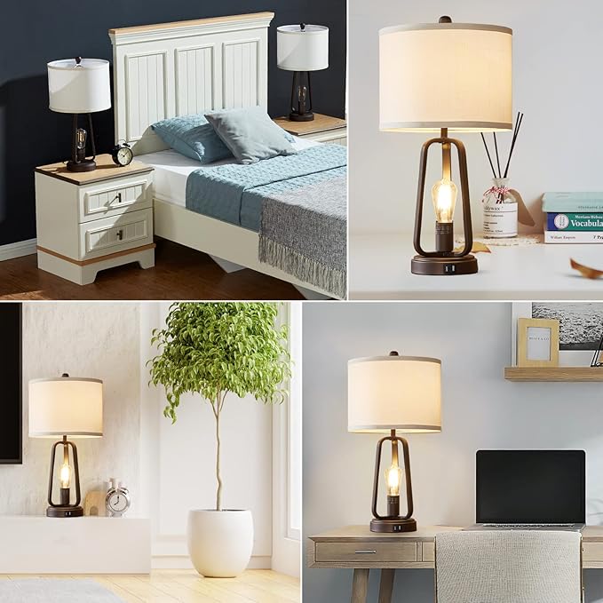 Luvkczc Modern Farmhouse Table Lamp Set of 2, Table Lamps with USB Port, 3-Way Dimmable Bedside Touch Lamp with Rotary Switch, Rustic Industrial Lamps for Bedroom Living Room, Bulbs Included - LeafyLoom