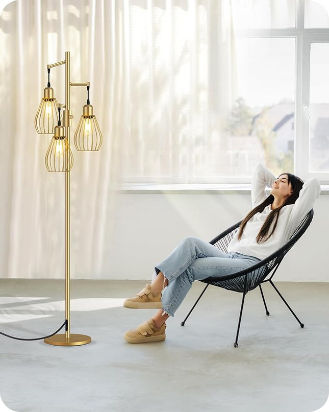 Farmhouse Dimmable Floor Lamp, Industrial Tall Standing Tree Lamp with 3 Elegant Teardrop Cage Heads, 4W 3 LED Bulbs Included, Rustic Standing Lamp for Living Room, Bedroom, Gold D02LD05 - LeafyLoom