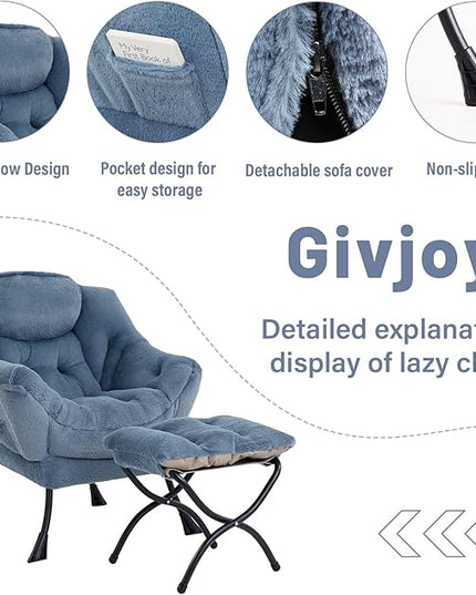 Cozy Lazy Chair and Ottoman, Large Contemporary Accent Lounge Chair Set, Leisure Upholstered Reading Armchair for Bedroom, Living Room, Dorm Rooms, Office - LeafyLoom