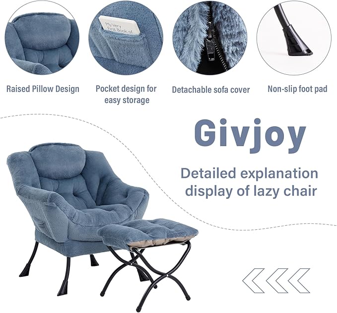 Cozy Lazy Chair and Ottoman, Large Contemporary Accent Lounge Chair Set, Leisure Upholstered Reading Armchair for Bedroom, Living Room, Dorm Rooms, Office - LeafyLoom