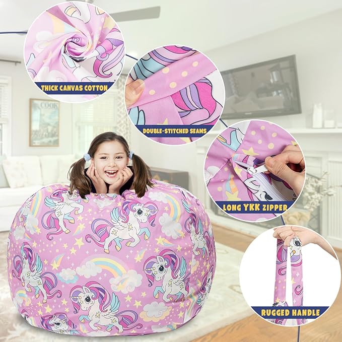 Stuffed Animal Storage Bean Bag Chair Cover, Hold Kids Plush Toys Blankets Towels Beanbag (Cover Only), Canvas Floor Circle Stuff Sit Seat Sofa with YKK Zipper, Large 32", Unicorn - LeafyLoom