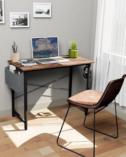 Small Computer Desk, 39 Inch Home Office Desks, Study Workstation PC Laptop Table with Storage Bag, Modern Simple Industrial Style Writing Desks - LeafyLoom