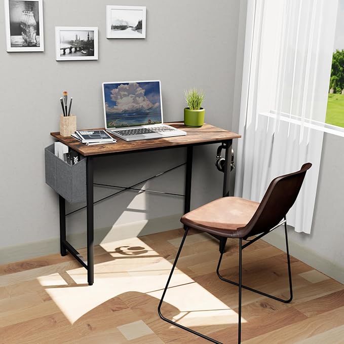 Small Computer Desk, 39 Inch Home Office Desks, Study Workstation PC Laptop Table with Storage Bag, Modern Simple Industrial Style Writing Desks - LeafyLoom