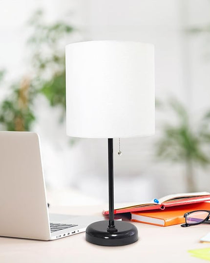 Simple Designs LT1144-BAW Sleek and Slender Black Table Lamp with Charging Outlet, for Bedroom, Living Room, Entryway, Office, Dining Room, Study, White Shade - LeafyLoom