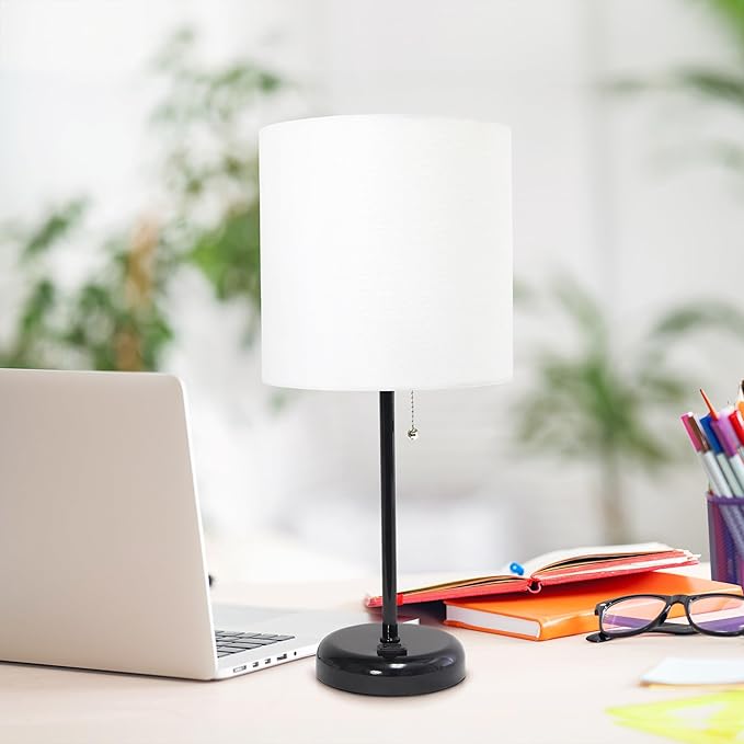 Simple Designs LT1144-BAW Sleek and Slender Black Table Lamp with Charging Outlet, for Bedroom, Living Room, Entryway, Office, Dining Room, Study, White Shade - LeafyLoom