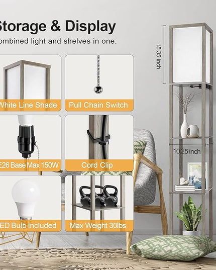 OUTON Floor Lamp with Shelves, LED Shelf Floor Lamp with 1 USB & 1 Type C Ports, 1 AC Outlet, 3 Color Temperature, Storage Display Wood Column Tall Standing Lamp for Living Room, Bedroom Office, Grey - LeafyLoom