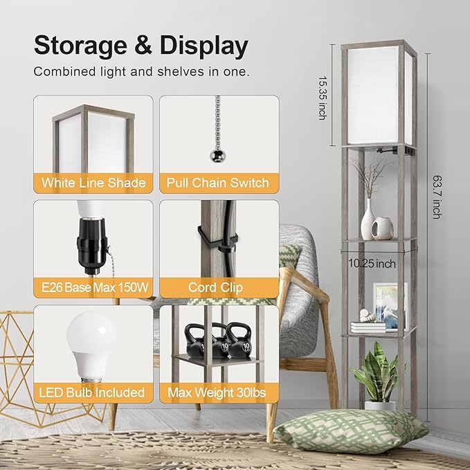 OUTON Floor Lamp with Shelves, LED Shelf Floor Lamp with 1 USB & 1 Type C Ports, 1 AC Outlet, 3 Color Temperature, Storage Display Wood Column Tall Standing Lamp for Living Room, Bedroom Office, Grey - LeafyLoom