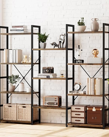 NUMENN Triple Wide 4 Tier Bookshelf, Adjustable Rustic Industrial Style Bookcases with 11 Open Display Shelves, Modern Tall Bookcase Furniture for Bedroom, Living Room and Home Office, Vintage - LeafyLoom