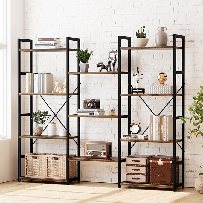 NUMENN Triple Wide 4 Tier Bookshelf, Adjustable Rustic Industrial Style Bookcases with 11 Open Display Shelves, Modern Tall Bookcase Furniture for Bedroom, Living Room and Home Office, Vintage - LeafyLoom