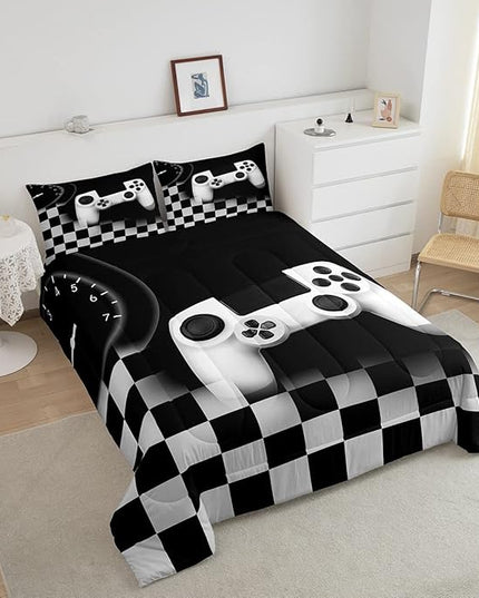 Erosebridal Gamer Comforter Set King,Gaming Bedding Set for Kids Teens,Black and Grey Buffalo Plaid Reversible Duvet Insert,Novelty Gamepad Pattern Down Comforter with 2 Pillow Shams Lightweight - LeafyLoom
