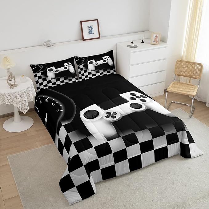 Erosebridal Gamer Comforter Set Twin,Gaming Bedding Set for Kids Teens Room Decor,Black and Grey Buffalo Plaid Reversible Bedding Set All Season Cozy,Novelty Gamepad Pattern Down Comforter 2pcs - LeafyLoom