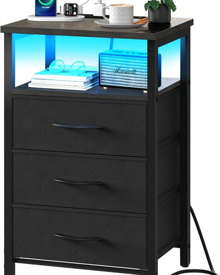 Yoobure Night Stand with Charging Station, 20 Colors LED Nightstand with USB Ports and Outlets, End Table with 3 Fabric Drawers and Storage Shelf, Bedside Tables Small Dresser for Small Space, Grey - LeafyLoom