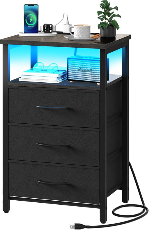 Yoobure Night Stand with Charging Station, 20 Colors LED Nightstand with USB Ports and Outlets, End Table with 3 Fabric Drawers and Storage Shelf, Bedside Tables Small Dresser for Small Space, Grey - LeafyLoom