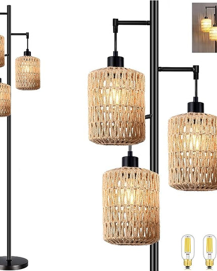 Floor Lamp for Living Room,Bedroom,3-Lights Boho Rattan Tree Floor Lights,Industrial Black Farmhouse Standing Lamp Wicker Rustic Tall Lamp,Woven Bamboo LampShade Floor Lamps Bohemian - LeafyLoom