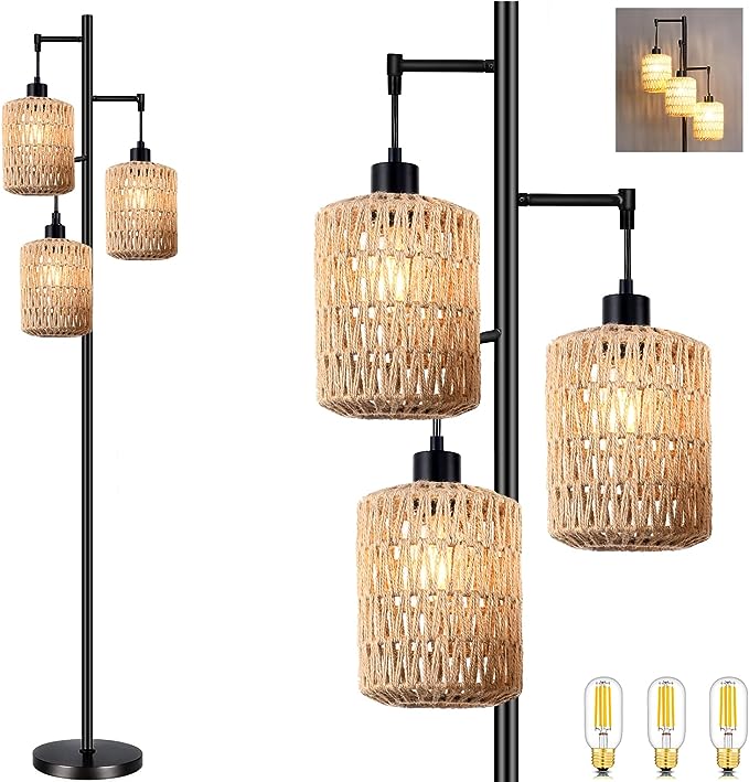 Floor Lamp for Living Room,Bedroom,3-Lights Boho Rattan Tree Floor Lights,Industrial Black Farmhouse Standing Lamp Wicker Rustic Tall Lamp,Woven Bamboo LampShade Floor Lamps Bohemian - LeafyLoom