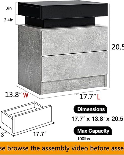 HOMMPA LED Nightstand Grey Matte Bedside Table with Led Lights Modern Night Stand with 2 Drawers Led Night Table Smart Nightstand for Bedroom 20.5” Tall - LeafyLoom