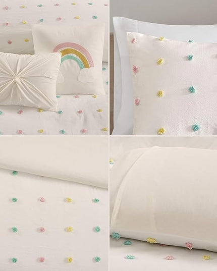 Callie Cotton Jacquard Weave Colorful Pom Pom Kids Comforter sets, Down Alternative Shabby Chic All Season Girls Bedding, Bedroom Decor, Full/Queen, Multi 5 Piece - LeafyLoom
