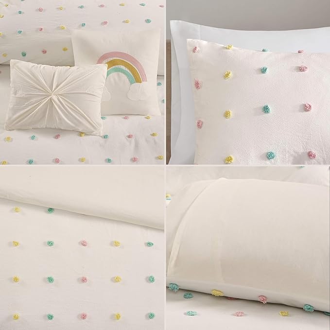 Duvet Cotton Jacquard Weave Colorful Poms Accent, Shabby Chic Cover for Comforter Cozy Bedding Set, Matching Shams, Decorative Pillows, Full Queen, Multi, 5 Piece - LeafyLoom