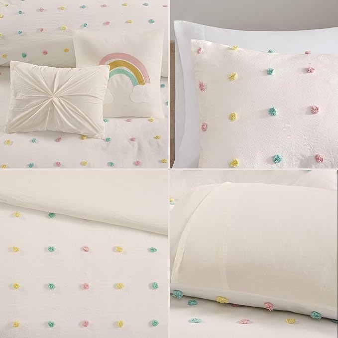 Duvet Cotton Jacquard Weave Colorful Poms Accent, Shabby Chic Cover for Comforter Cozy Bedding Set, Matching Shams, Decorative Pillows, Full/Queen, Multi, Twin/Twin XL, 4 Piece - LeafyLoom