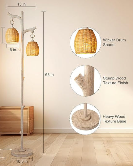68" High Farmhouse Rustic Country Cottage Floor Lamp Tree Trunk Faux Wood Column White Washed Wicker Drum Shade Decor for Living Room Bedroom Reading Room - LeafyLoom