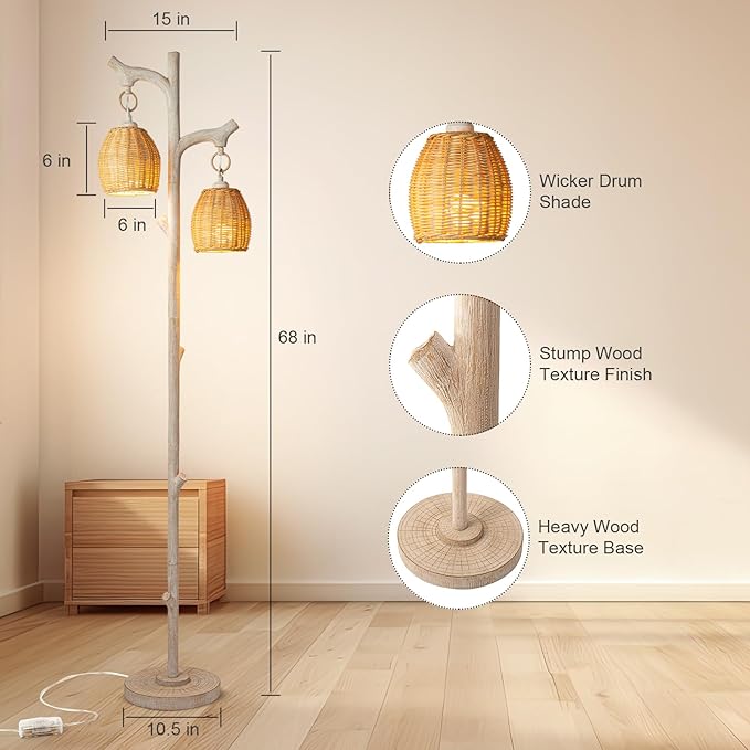 68" High Farmhouse Rustic Country Cottage Floor Lamp Tree Trunk Faux Wood Column White Washed Wicker Drum Shade Decor for Living Room Bedroom Reading Room - LeafyLoom