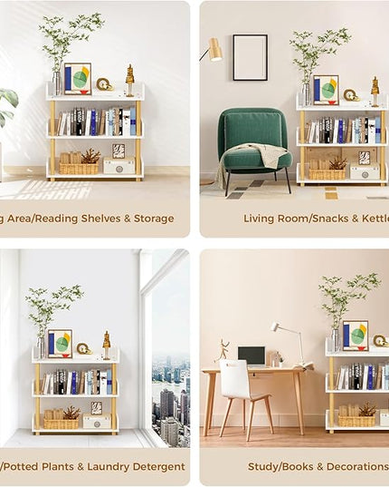 3-Tier Wooden Bookshelf, Modern Open Bookcase with Top Edge and Solid Wood Frame, Freestanding Bookshelf Storage Organizer for Home Office Living Room - LeafyLoom
