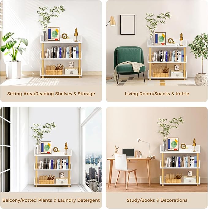 3-Tier Wooden Bookshelf, Modern Open Bookcase with Top Edge and Solid Wood Frame, Freestanding Bookshelf Storage Organizer for Home Office Living Room - LeafyLoom