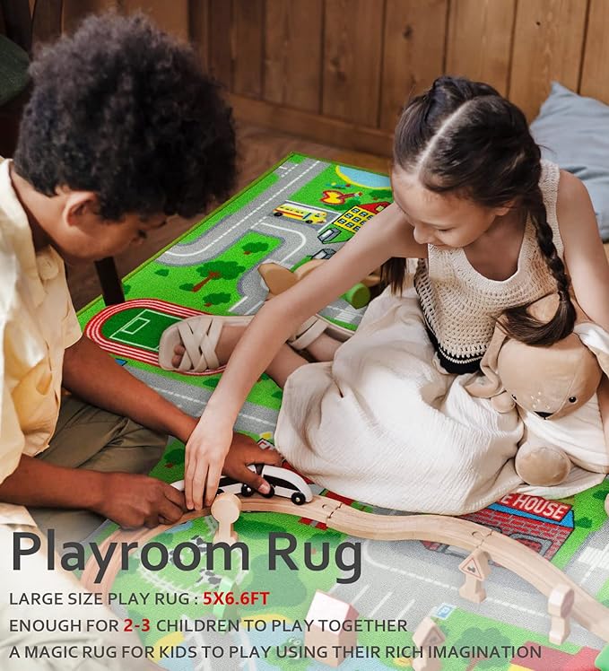 Kids Carpet Playmat Car Play Rug City Life Traffic Road Kids Rug 5' x 6'6" Large Children Educational & Game Area Rug for Toddler Boys Bedroom Playroom Classroom - LeafyLoom
