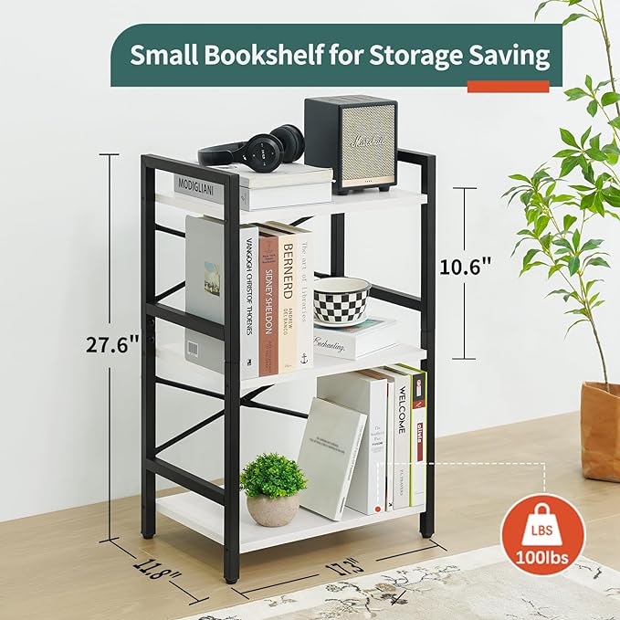 Yoobure Bookshelf Small Book Shelf, Solid Industrial 3 Tier Shelf Bookcase, Short Book Case for Bedroom, Living Room, Office Home, Small Spaces, White - LeafyLoom