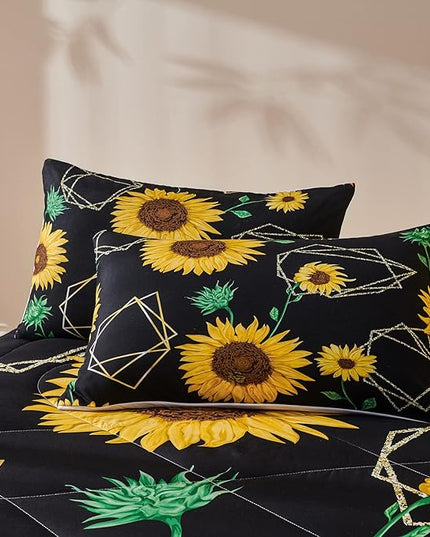 Sunflower Comforter Sets,Seamless Pattern with Golden Polygonal Shapes and Sunflowers in Watercolor Style,Decorative Bedding Comforter Sets with 2 Pillow Shams, Twin Size - LeafyLoom
