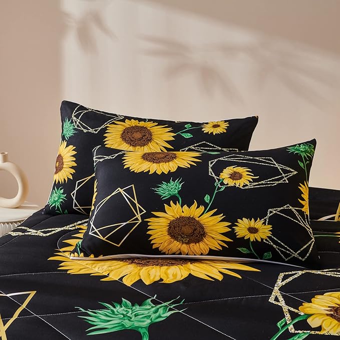 Sunflower Comforter Sets,Seamless Pattern with Golden Polygonal Shapes and Sunflowers in Watercolor Style,Decorative Bedding Comforter Sets with 2 Pillow Shams, Twin Size - LeafyLoom