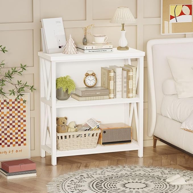 FATORRI Small Bookcase, Bookshelf for Small Space, Short Rustic Bookshelf, Wood and Metal Book Case and Book Shelf (White Oak) - LeafyLoom