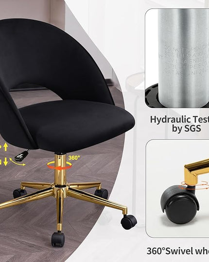 Furniliving Velvet Home Office Chair, Height Adjustable Swivel Vanity Chair with Wheels, Upholstered Desk Task Makeup Chair Computer Chair with Gold Metal Base Stool Chairs (Black) - LeafyLoom