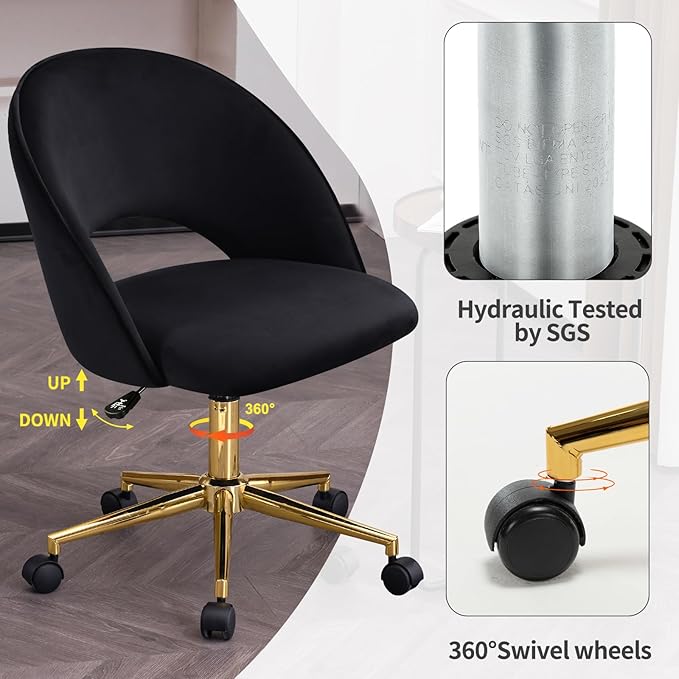 Furniliving Velvet Home Office Chair, Height Adjustable Swivel Vanity Chair with Wheels, Upholstered Desk Task Makeup Chair Computer Chair with Gold Metal Base Stool Chairs (Black) - LeafyLoom