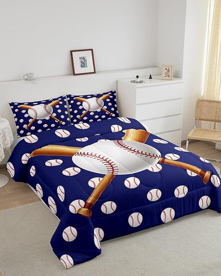 Baseball Comforter Set Sports Theme Bedding Set 3D Ball Pattern Comforter for Children Kids Boys Girls Microfiber Baseball Games Blue Duvet Set Room Decor Quilt Set Baseball Bat Print King Size - LeafyLoom