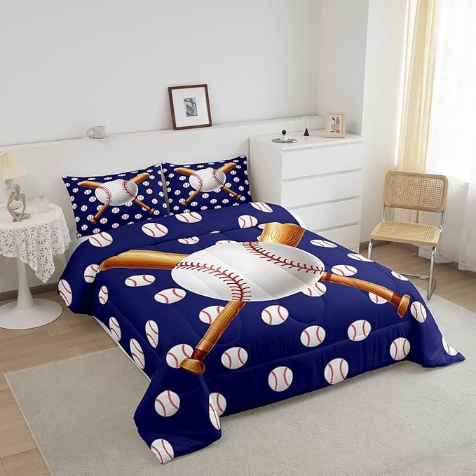 Baseball Comforter Set Sports Theme Bedding Set 3D Ball Pattern Comforter for Children Kids Boys Girls Microfiber Baseball Games Blue Duvet Set Room Decor Quilt Set Baseball Bat Print King Size - LeafyLoom