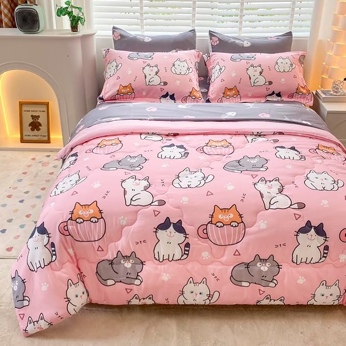 7 Piece Girls Cat Comforter Set Queen Size Bed in A Bag Pink Cute Cartoon Pet Cats Bedding Set for Kids Boys Teens (1 Comforter, 1 Flat Sheet, 1 Fitted Sheet, 4 Pillow Sham) Gray - LeafyLoom