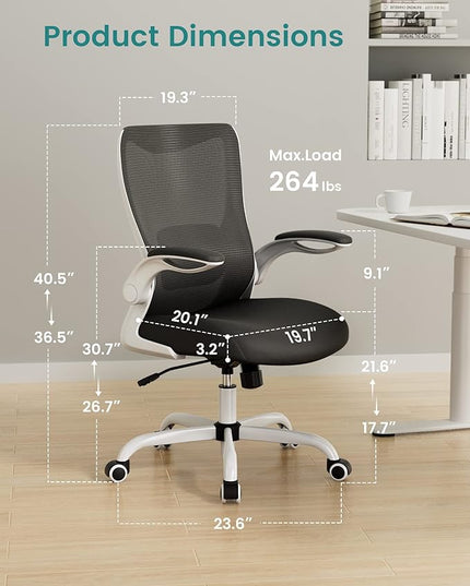 Office Chair, Ergonomic Desk Chair with Adjustable Lumbar Support and Flip up Armrest, Breathable Mesh Computer Chair for Home Office, White - LeafyLoom