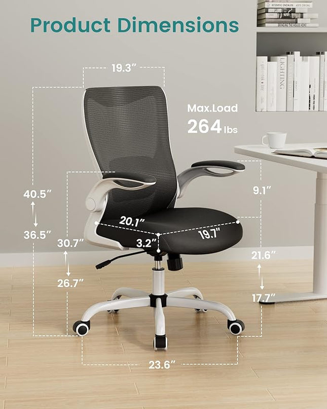 Office Chair, Ergonomic Desk Chair with Adjustable Lumbar Support and Flip up Armrest, Breathable Mesh Computer Chair for Home Office, White - LeafyLoom