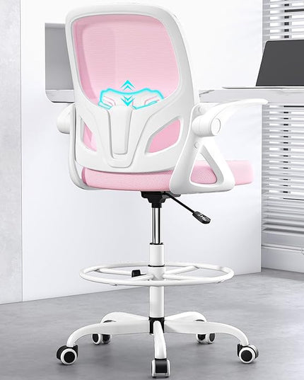 Drafting Chair Tall Office Chair for Standing Desk Adjustable Tall Desk Chair with Footrest Ring and Lumbar Support Ergonomic Computer Chair with Flip-up Armrests (Pink) - LeafyLoom