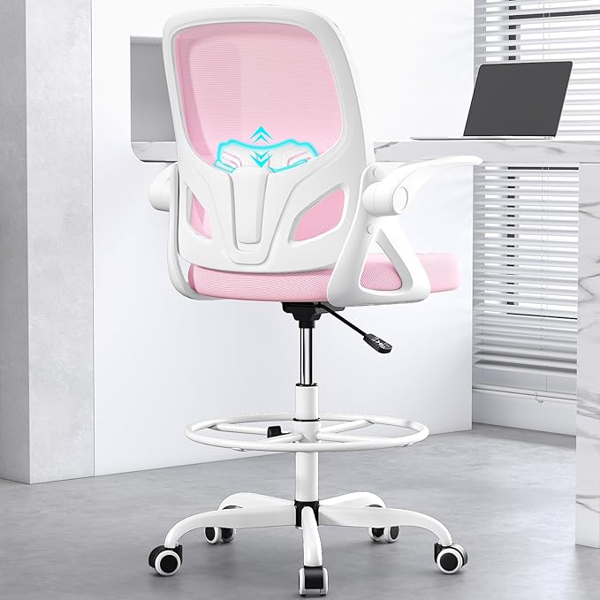 Drafting Chair Tall Office Chair for Standing Desk Adjustable Tall Desk Chair with Footrest Ring and Lumbar Support Ergonomic Computer Chair with Flip-up Armrests (Pink) - LeafyLoom